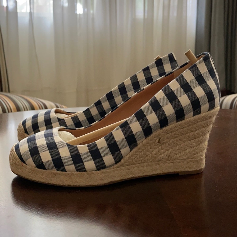 Jcrew navy ivory gingham espadrille wedges